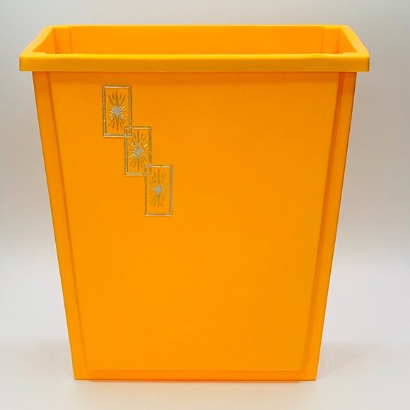 Vintage 60s STERILITE Yellow Plastic Trash Can: Triple Silver Starburst - MCM - Picture 1 of 13